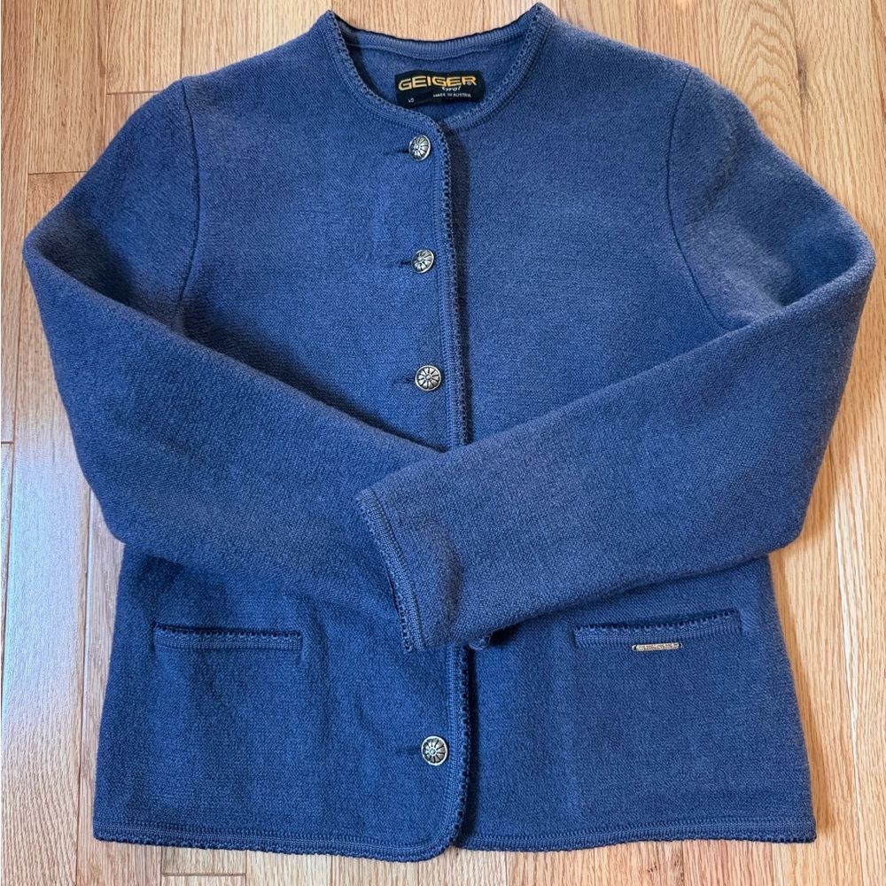 Geiger Women's Tyrol Classic Blue New Wool Button Cardigan/Jacket, Sz 40